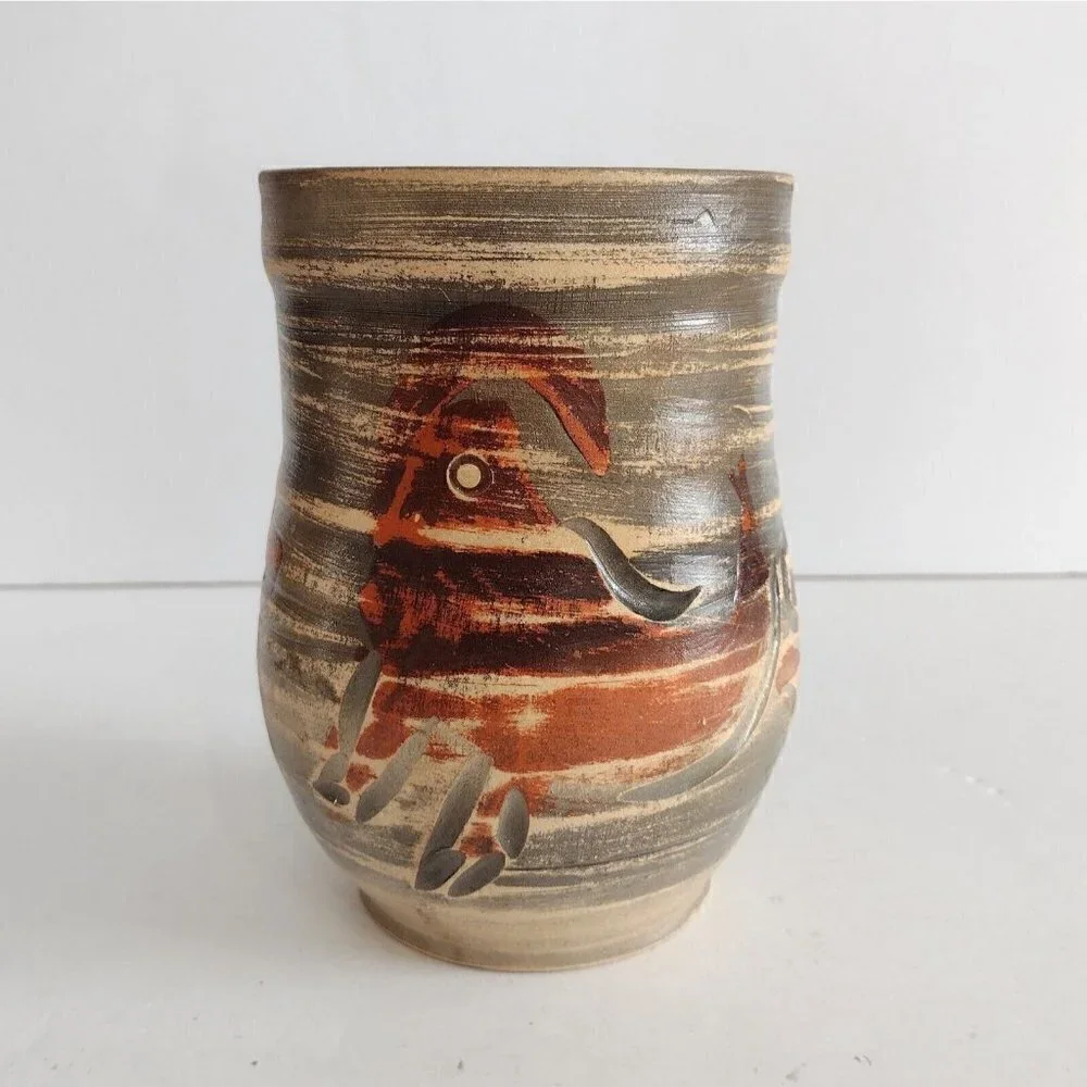 Vintage Signed Studio Art Pottery Vase Hand Painted Ram Goat? Abstract Art Brown